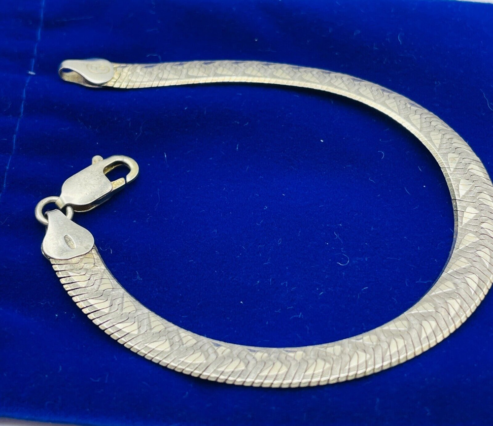 925 Etched Snakeskin Herringbone Bracelet Sterling Silver 6.8mm Italy SU 7 in
